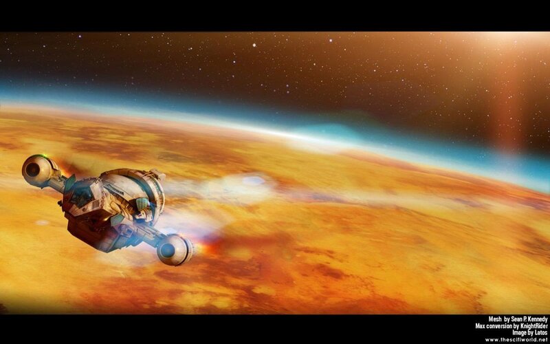 spaceship flying over planet