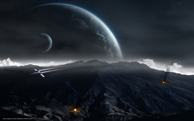 Spaceship Flying over Planet — Black, Dramatic, Night, Digital Art