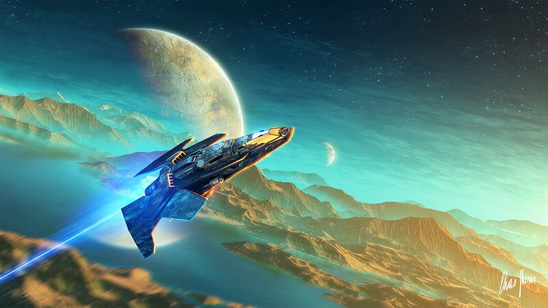 Spaceship Flying over Planet — Blue, Dramatic