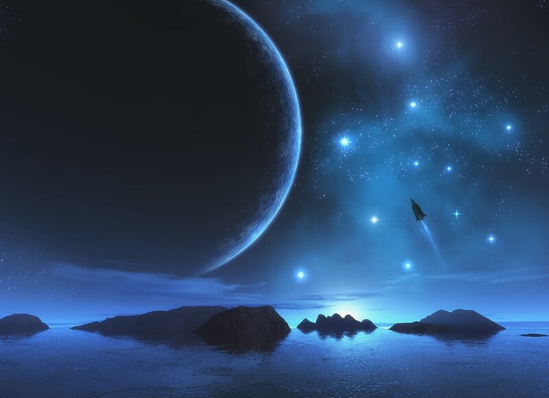 Spaceship Flying over Planet — Blue