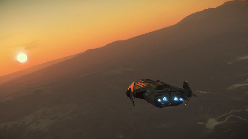 Spaceship Flying over Planet — Orange, Dramatic, Sunset, 3d Render