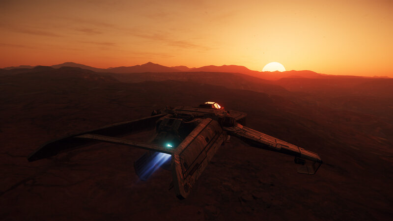 Spaceship Flying over Planet — Orange, Dramatic, Sunset