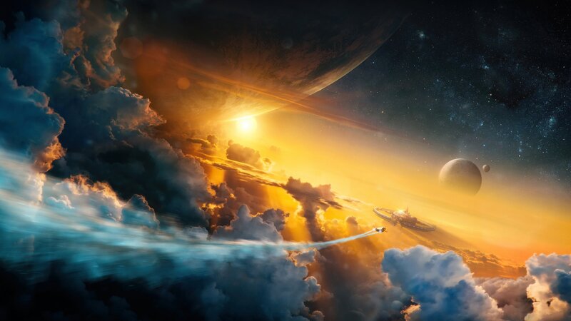 Spaceship Flying over Planet — Orange, Dramatic