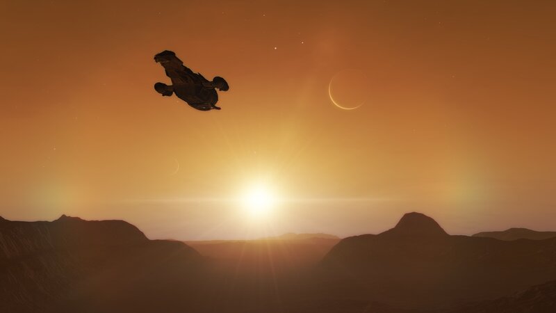 Spaceship Flying over Planet — Orange, Serene, Sunset