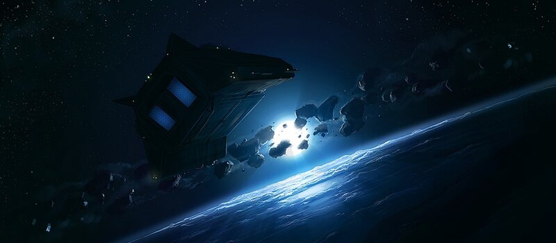 Spaceship flying over planet