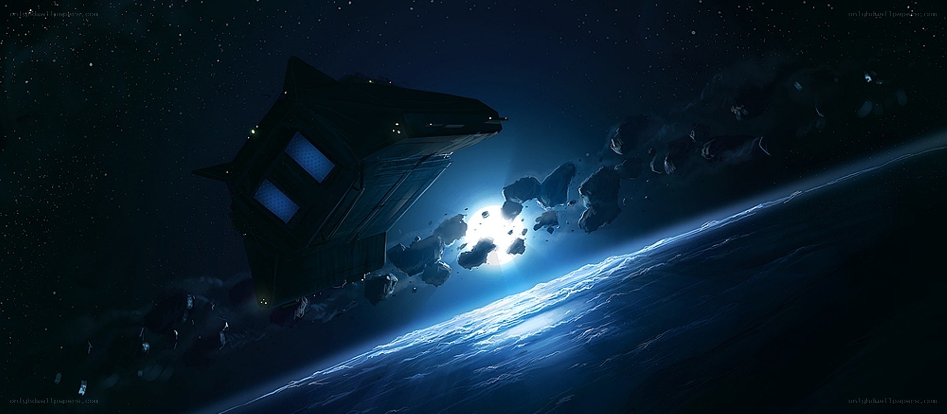 Spaceship flying over planet