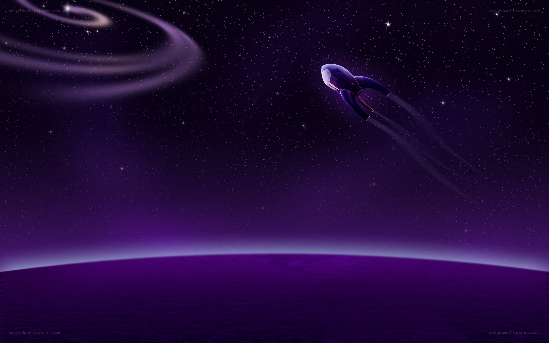 spaceship flying over purple planet