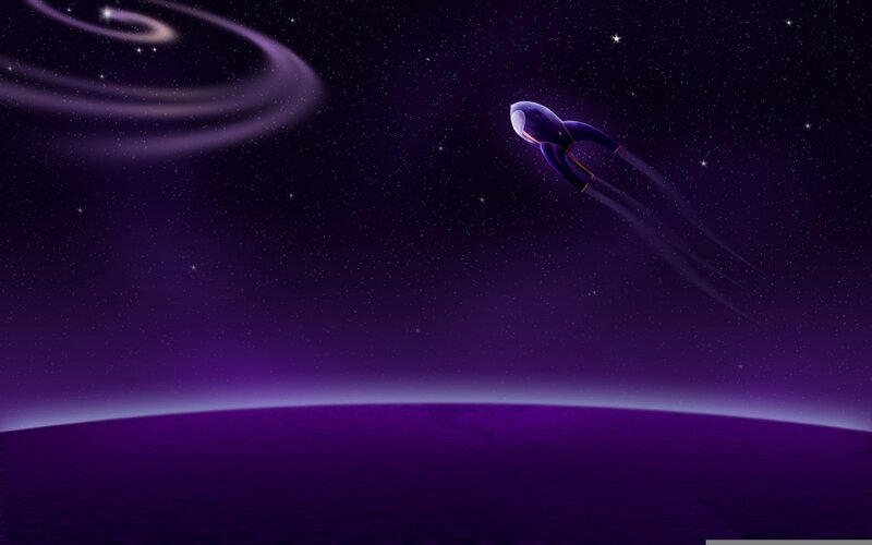 spaceship flying over purple planet