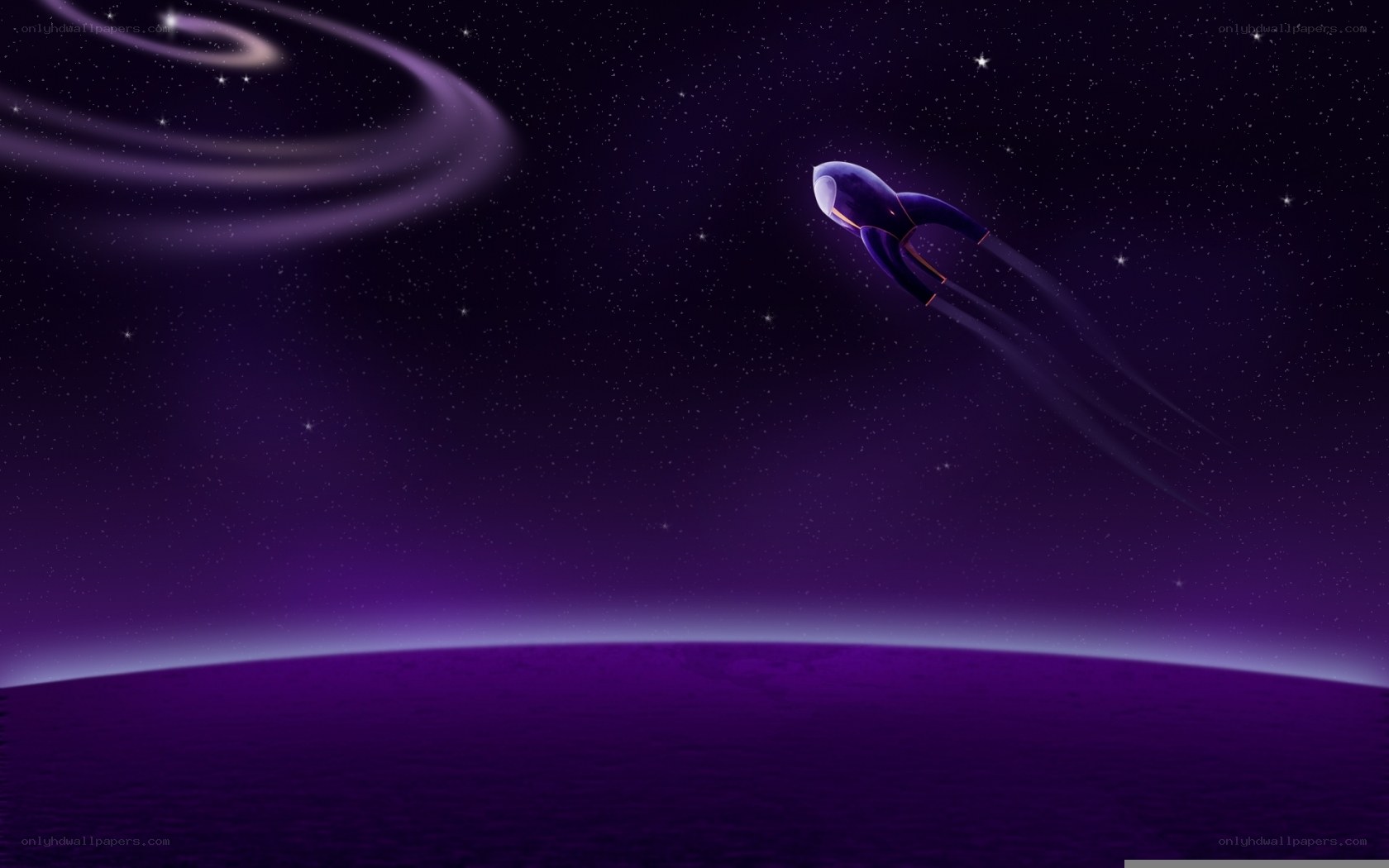 spaceship flying over purple planet