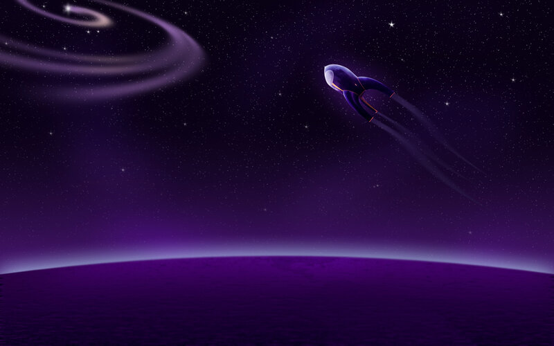 spaceship flying over purple planet