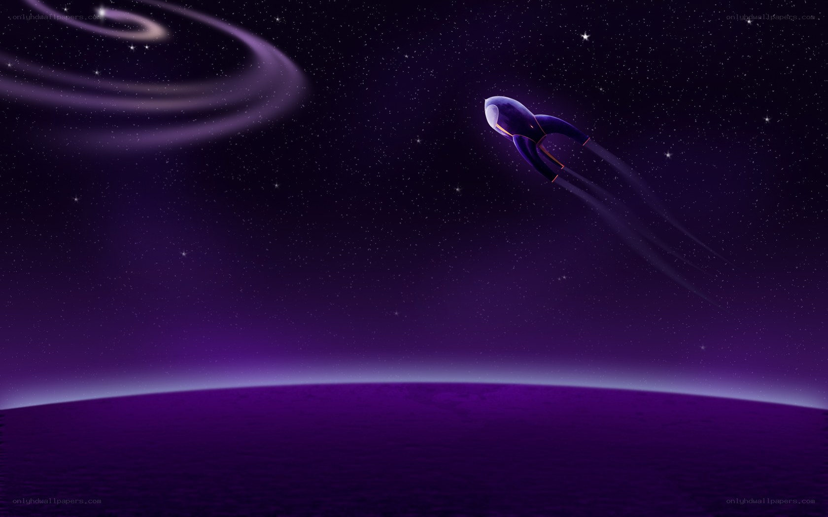spaceship flying over purple planet