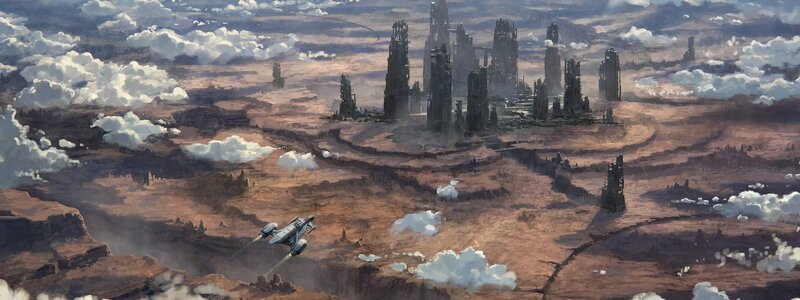 Spaceship Flying over Ruins — Brown
