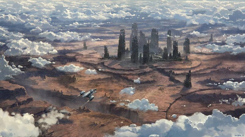 Spaceship Flying over Ruins