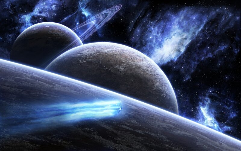 Spaceship Flying Past Planets — Blue, Dramatic