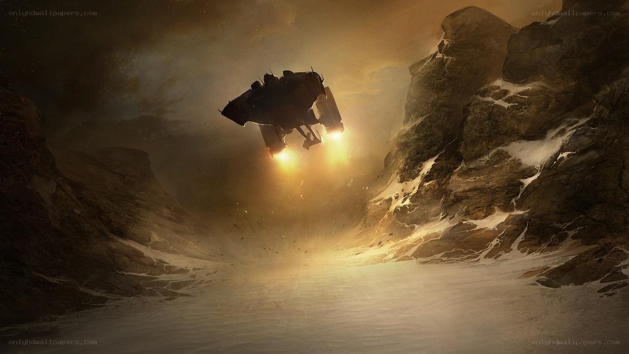 spaceship flying through canyon