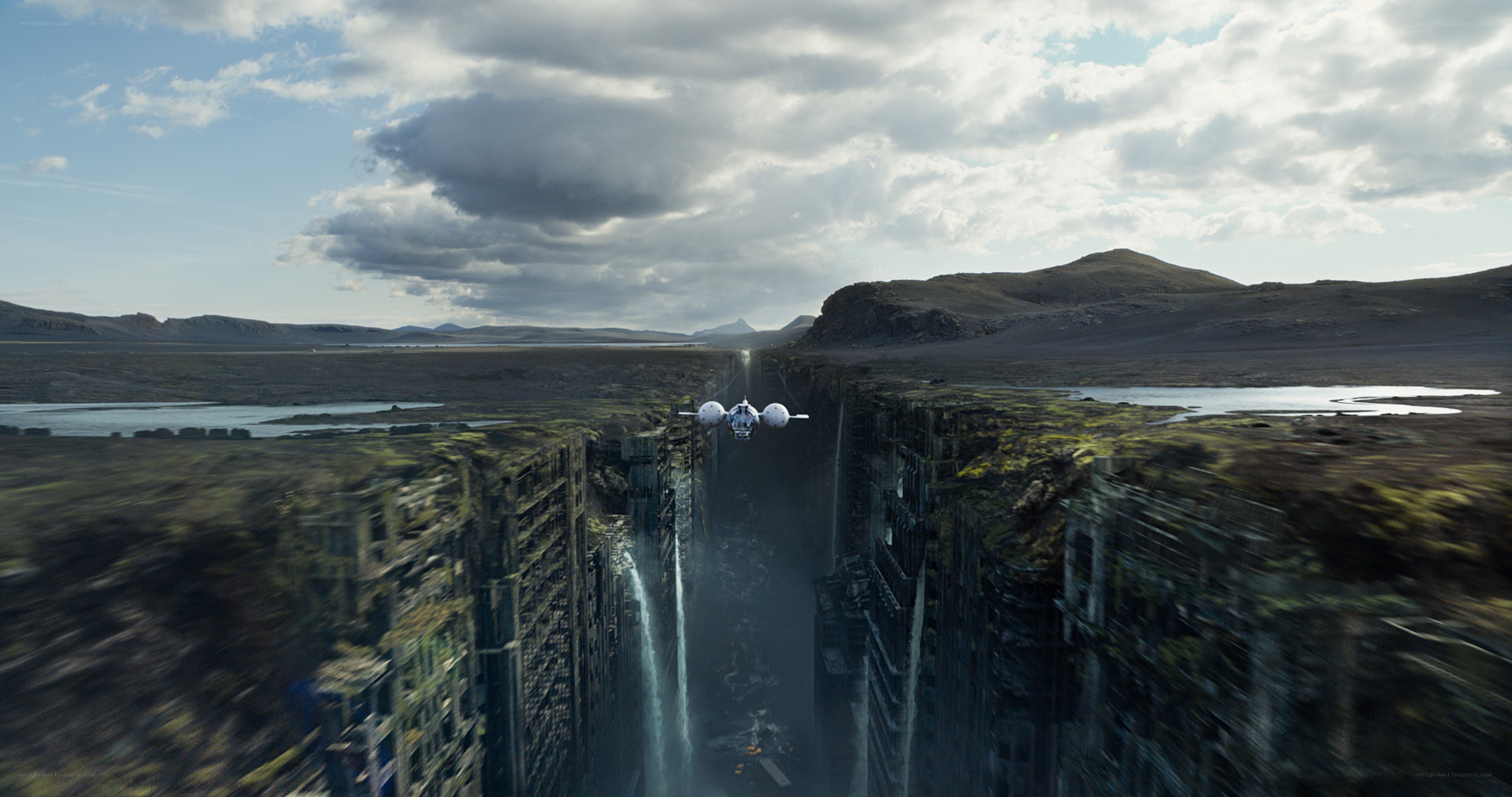 spaceship flying through canyon