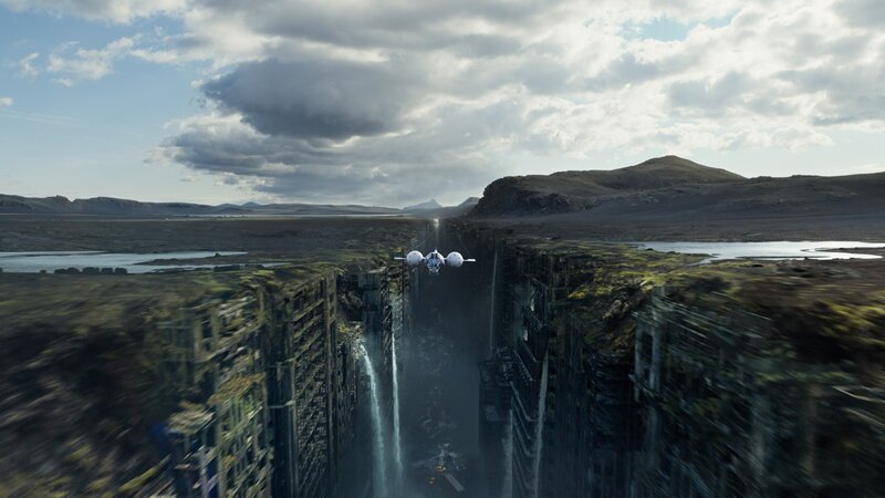 Spaceship Flying Through Canyon — Gray