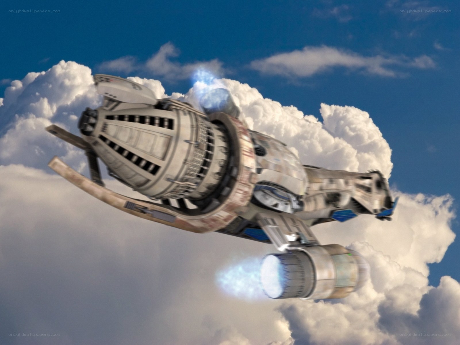 spaceship flying through clouds
