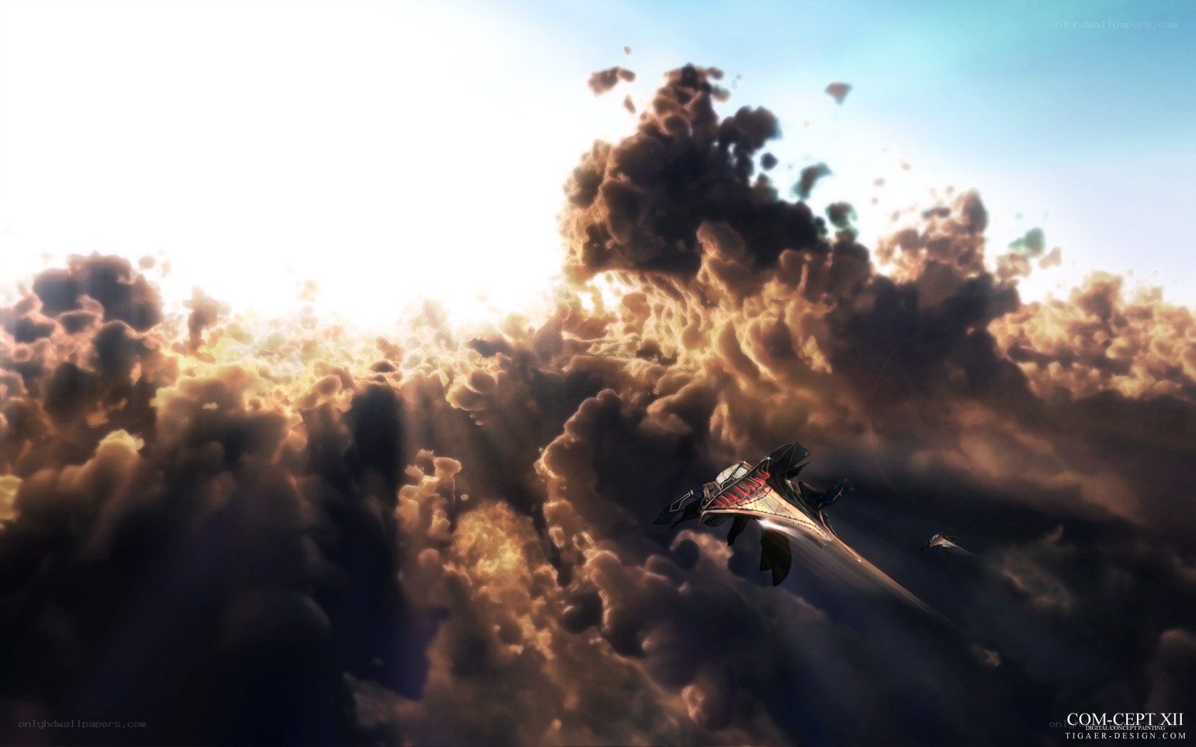 Spaceship flying through clouds