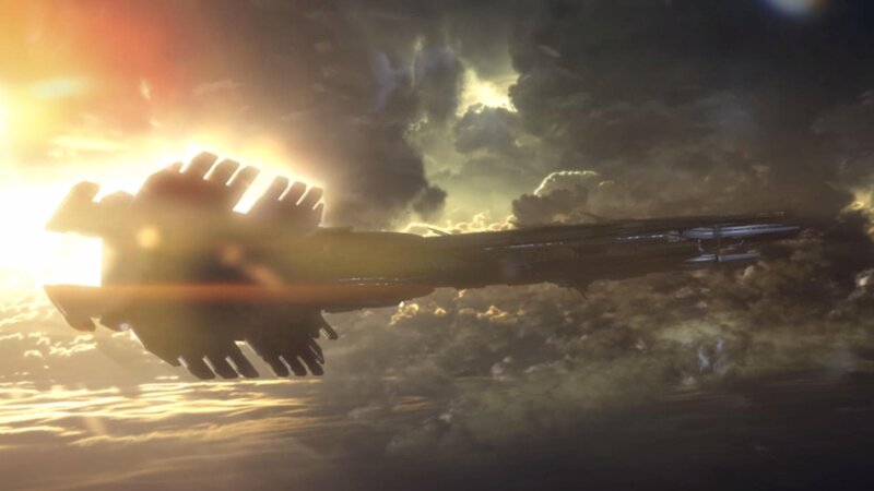 spaceship flying through clouds