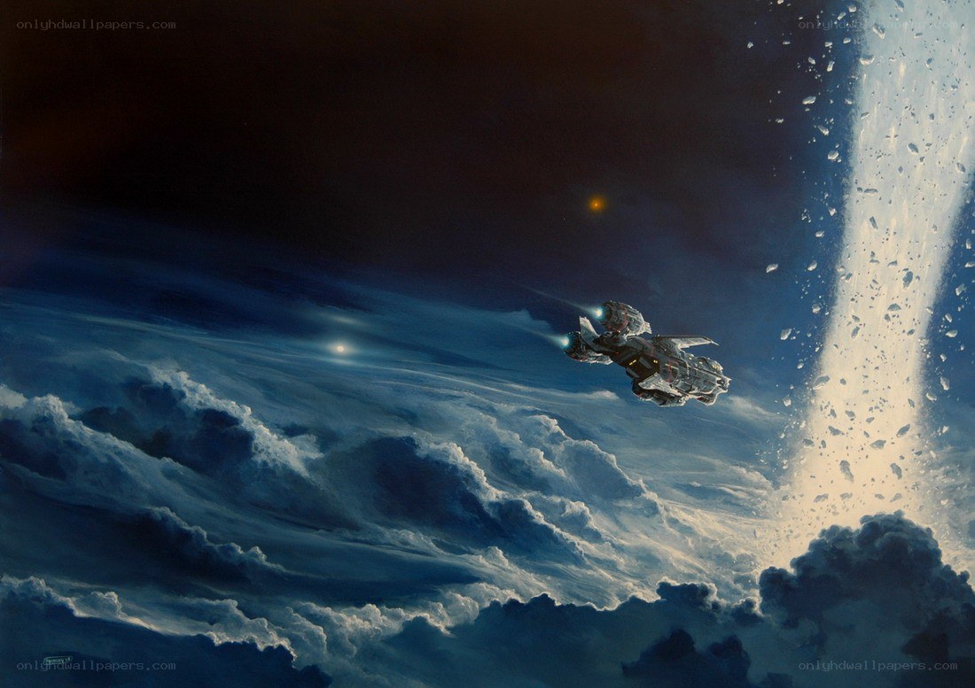 Spaceship flying through clouds