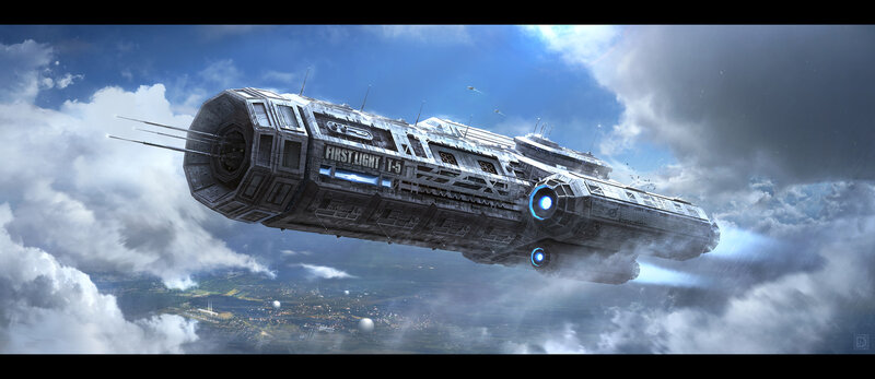Spaceship Flying Through Clouds — Blue, Dramatic, Afternoon