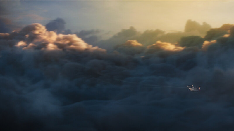 Spaceship Flying Through Clouds — Blue, Dramatic, Sunset, 3d Render