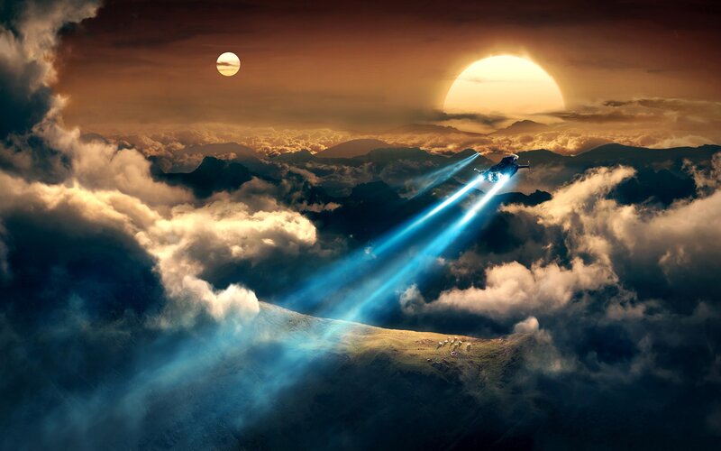 Spaceship Flying Through Clouds — Blue, Dramatic, Sunset, Digital Art