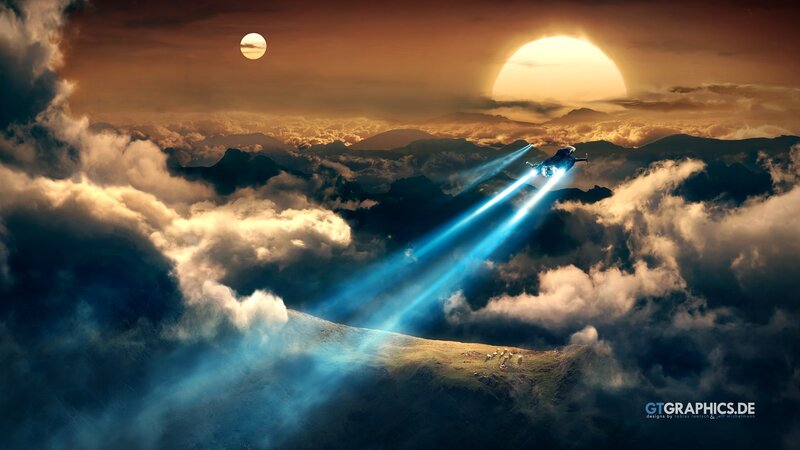 Spaceship Flying Through Clouds — Blue, Dramatic, Sunset