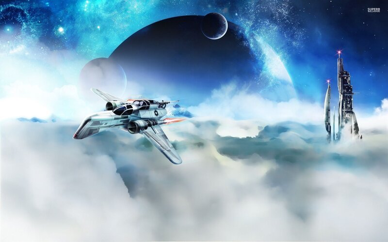 Spaceship Flying Through Clouds — Blue, Dramatic