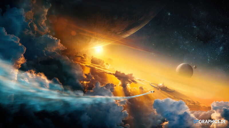 Spaceship Flying Through Clouds — Orange