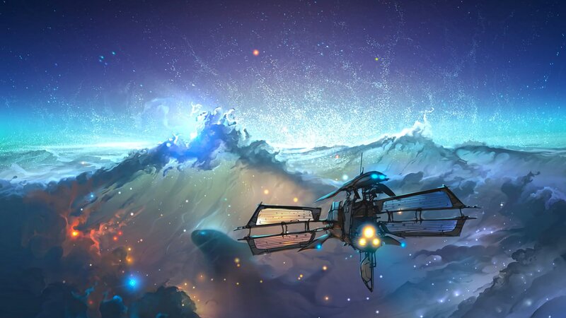 Spaceship Flying Through Nebula — Blue