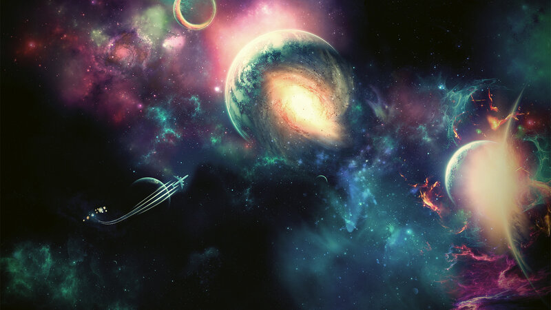 Spaceship Flying Through Nebula — Purple