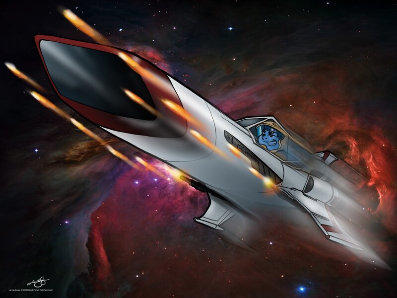 spaceship flying through nebula