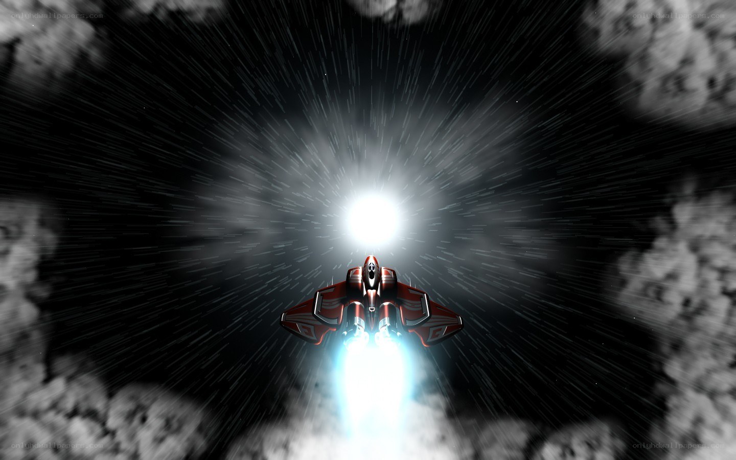 spaceship flying through space