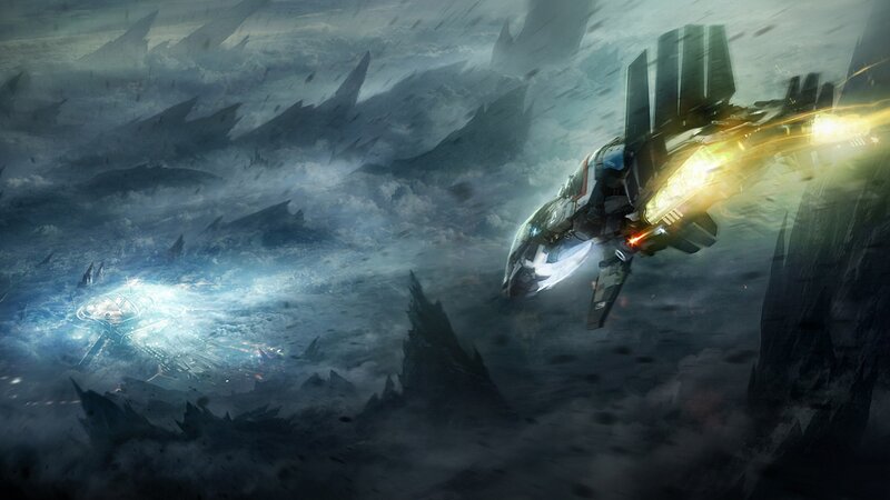 spaceship flying through storm