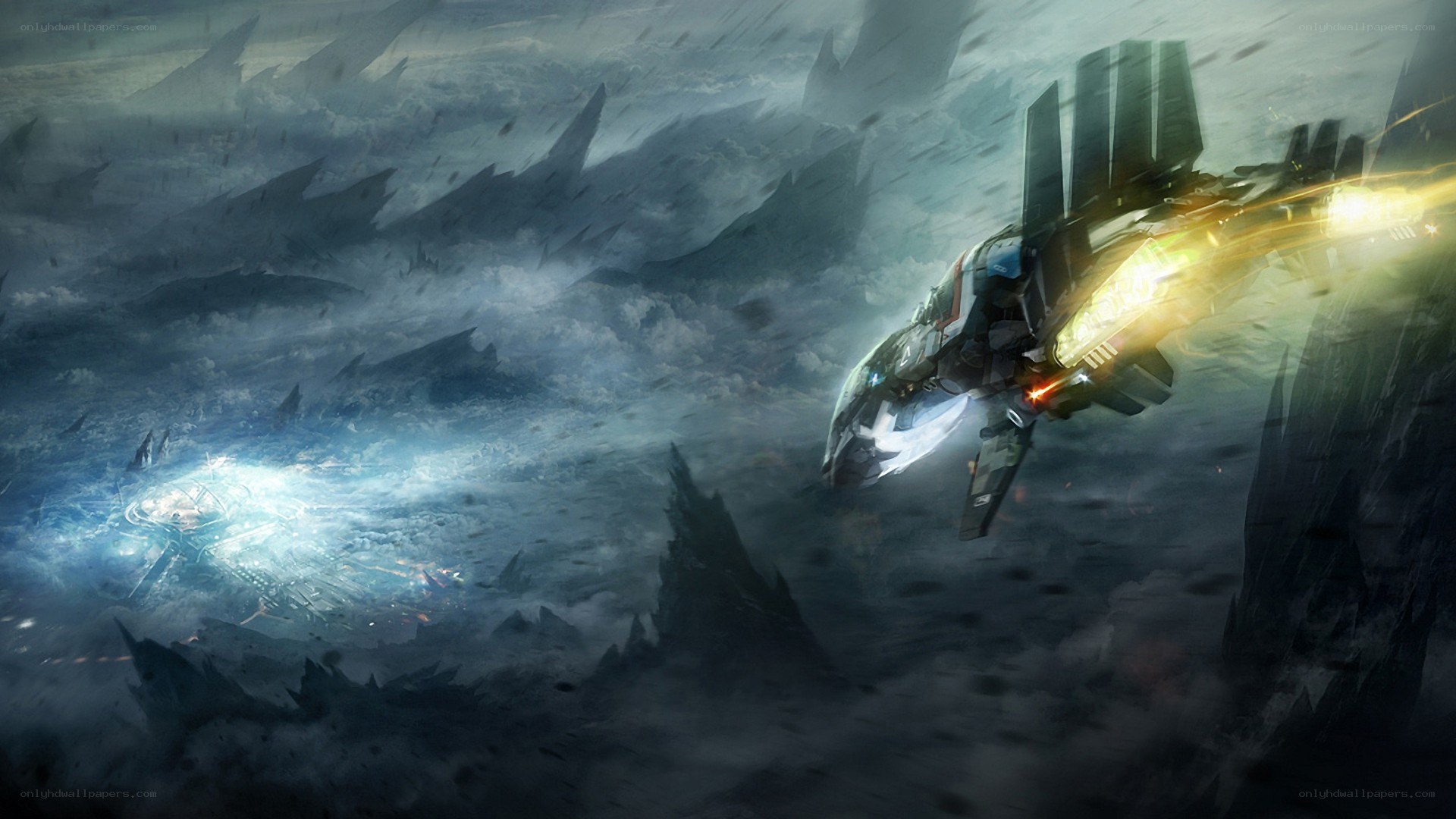 spaceship flying through storm