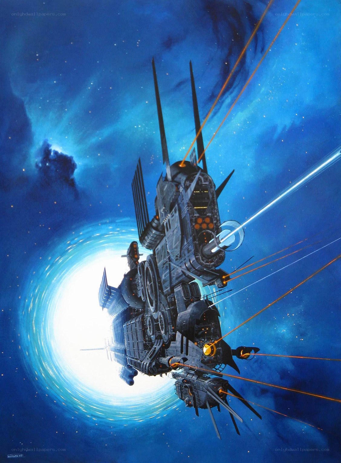 Spaceship in a blue nebula