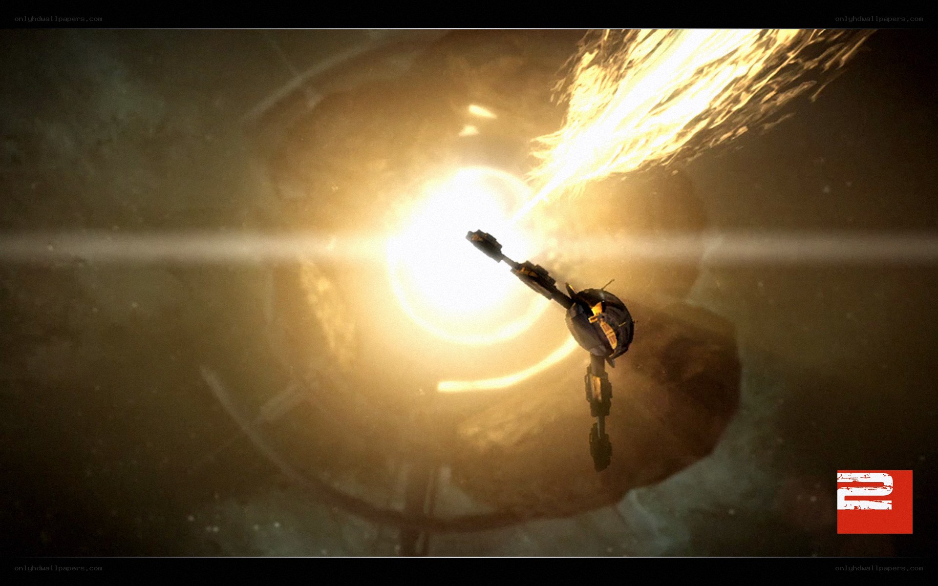 Spaceship in a bright tunnel