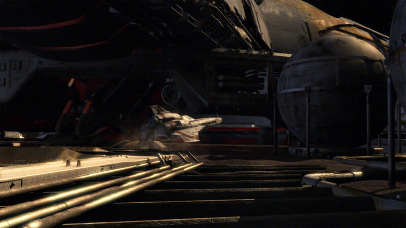 Spaceship in a hangar bay