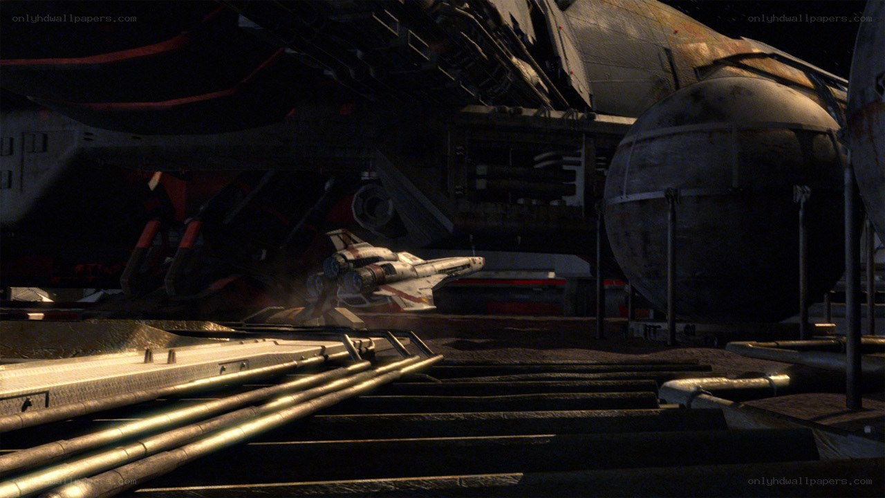 Spaceship in a hangar bay
