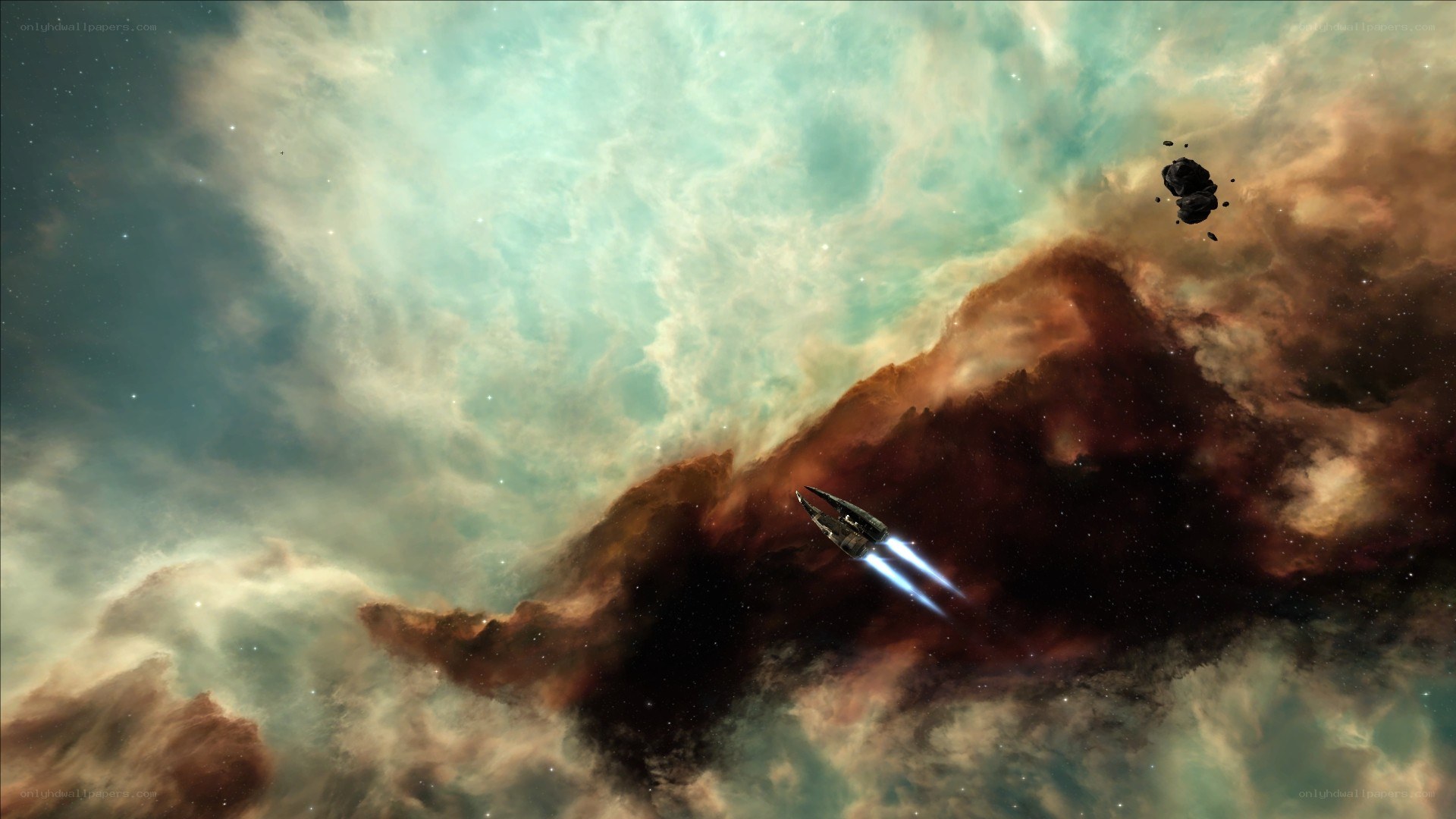 Spaceship in a nebula