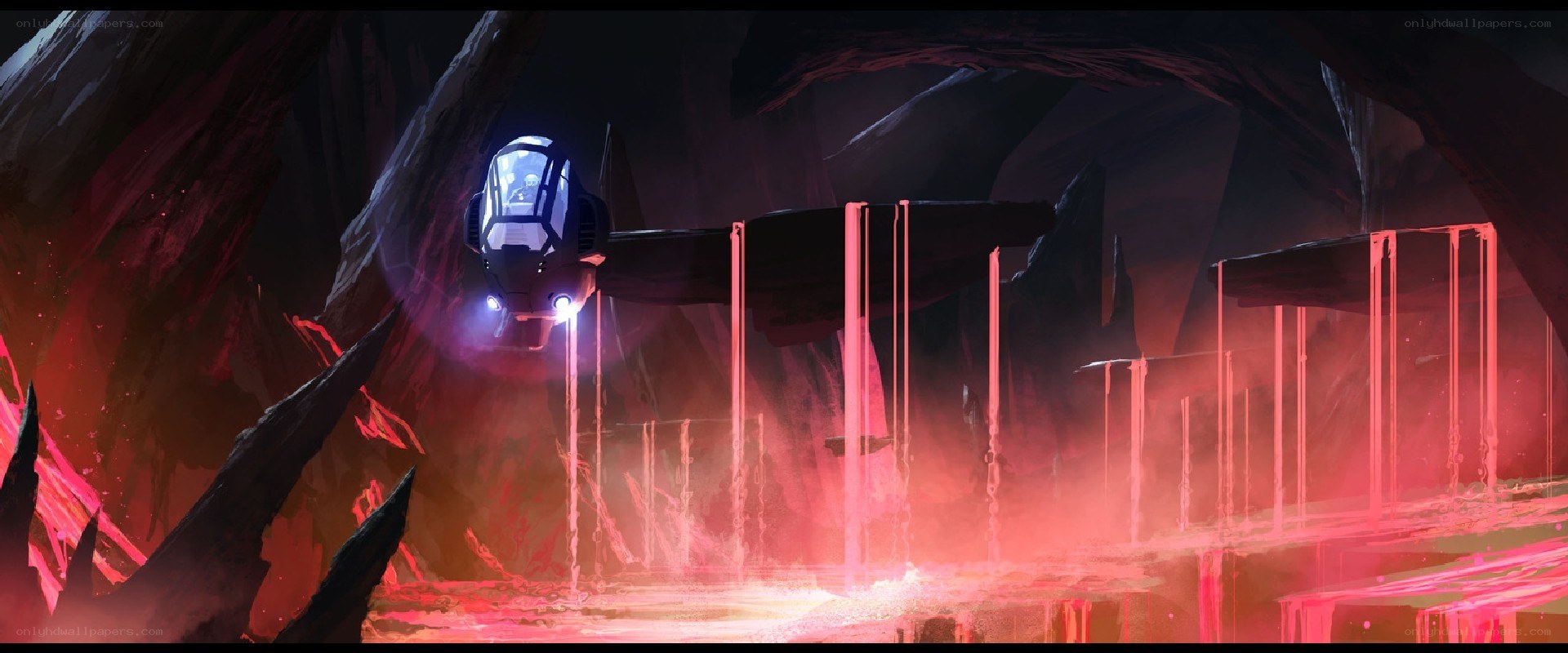 Spaceship in a red cave
