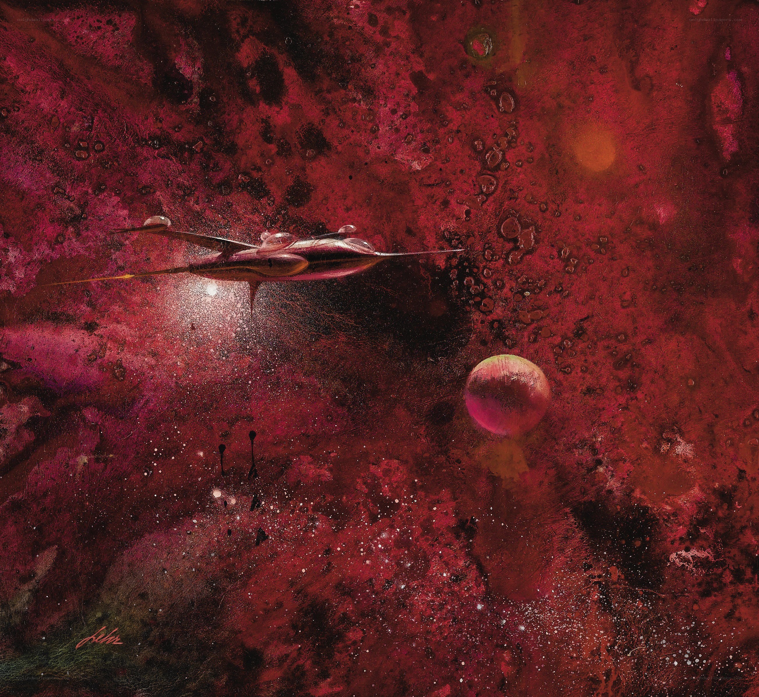 Spaceship in a red nebula