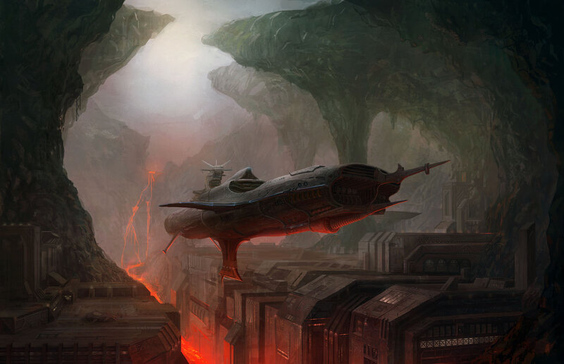 Spaceship in a volcanic cavern