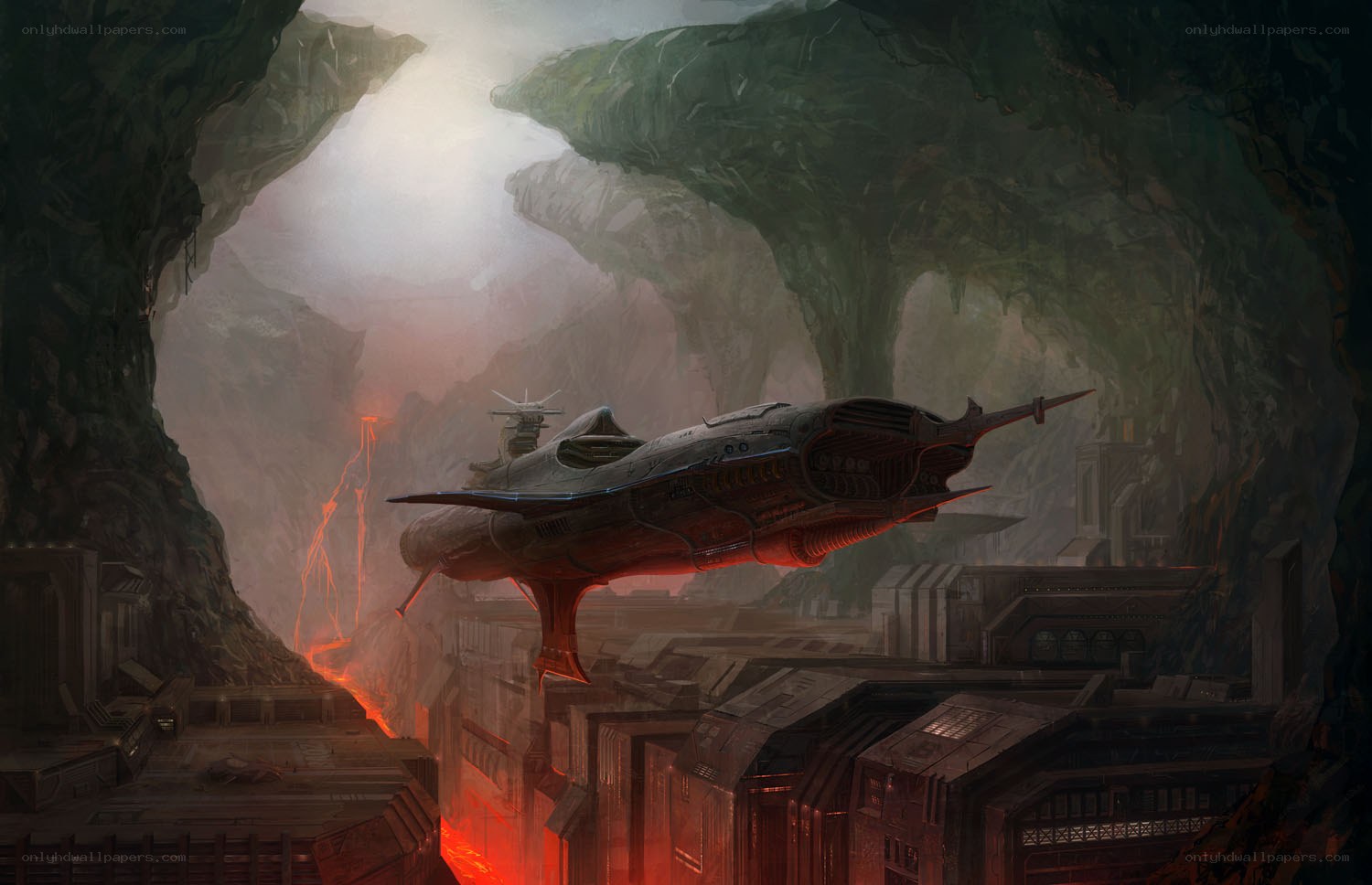 Spaceship in a volcanic cavern