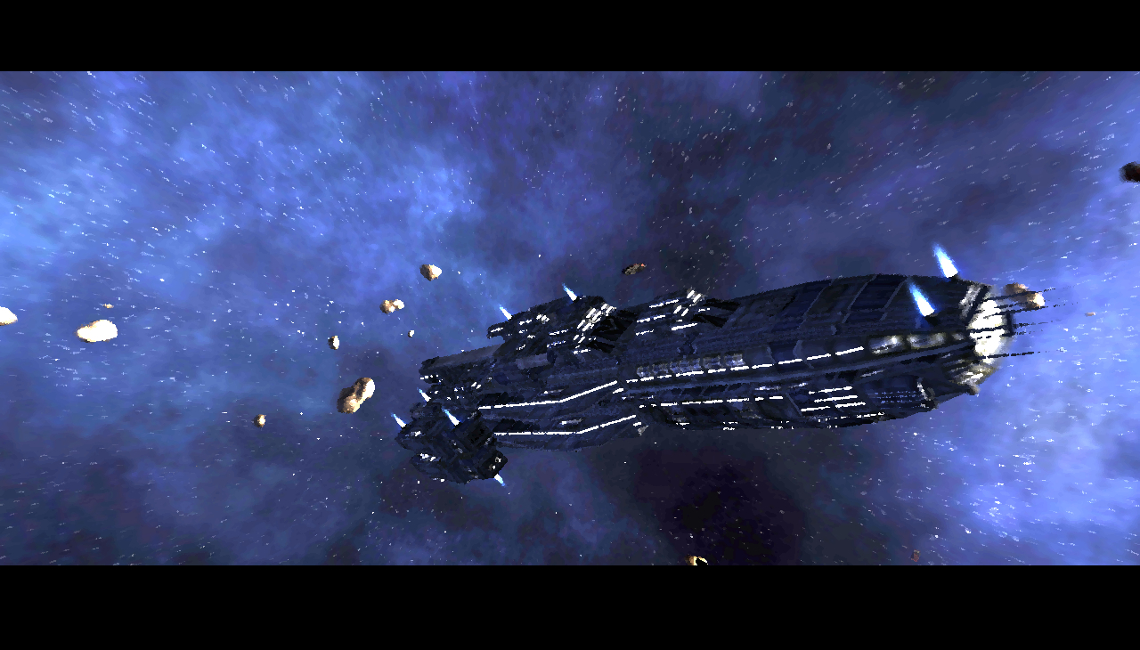 spaceship in asteroid field