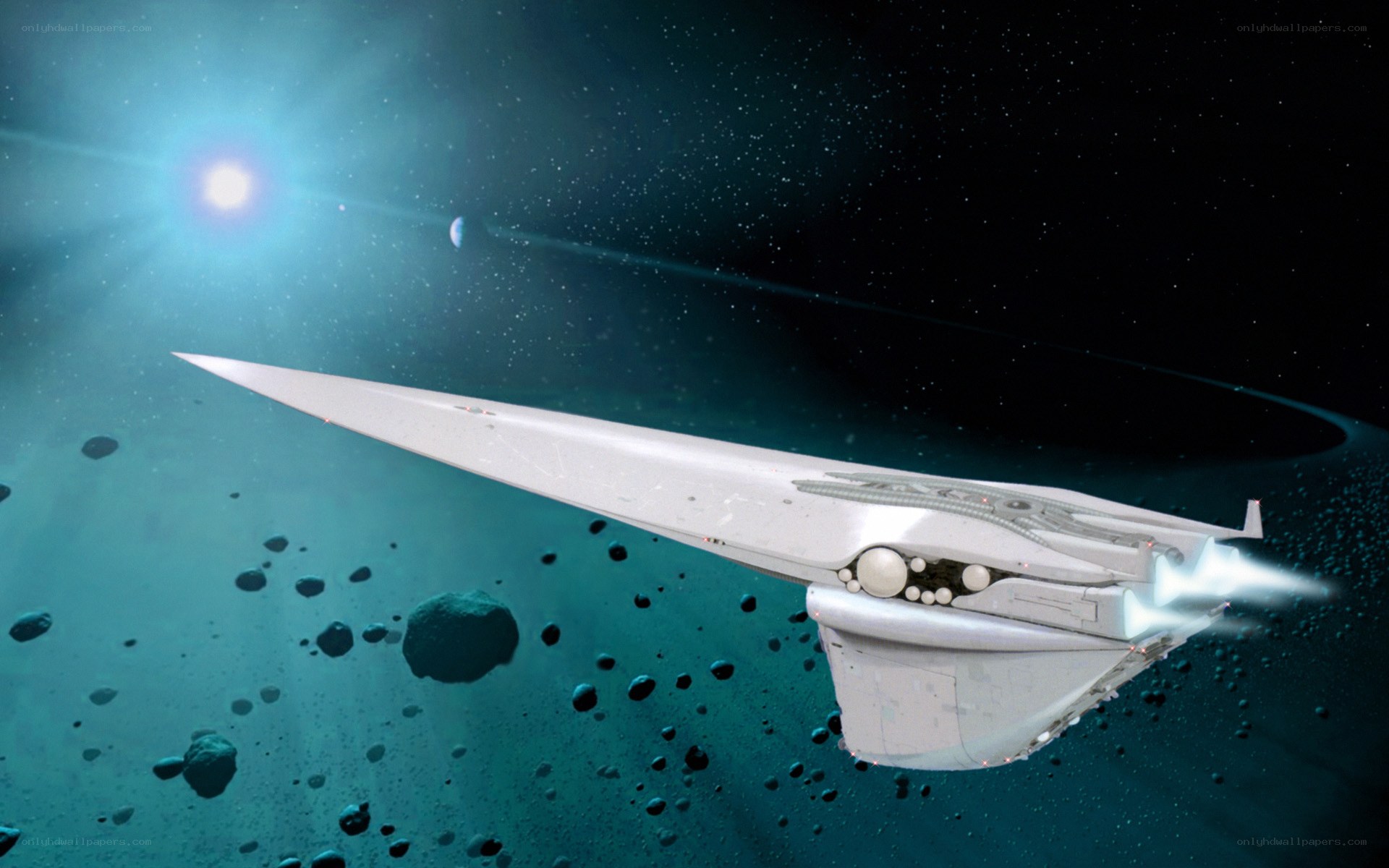 spaceship in asteroid field