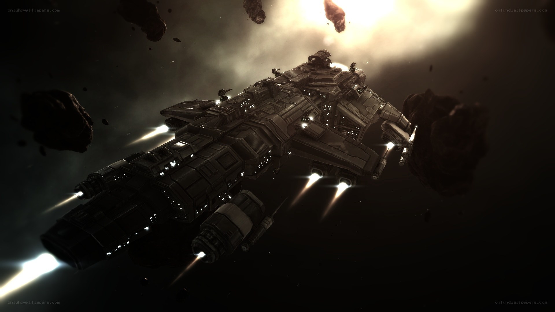 spaceship in asteroid field