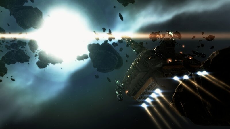 spaceship in asteroid field